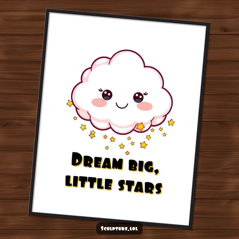Funny poster of a cheerful sculpted cloud character raining tiny stars, bringing celestial charm indoors.