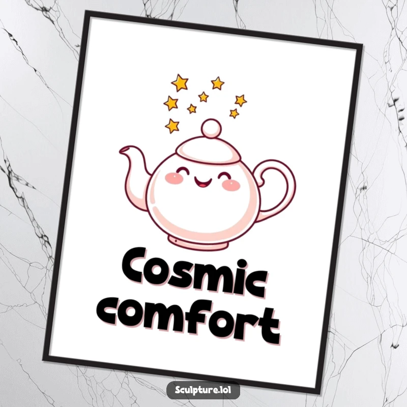 Funny poster art of a cheerful teapot pouring a galaxy of stars, creating a whimsical and enchanting wall display.