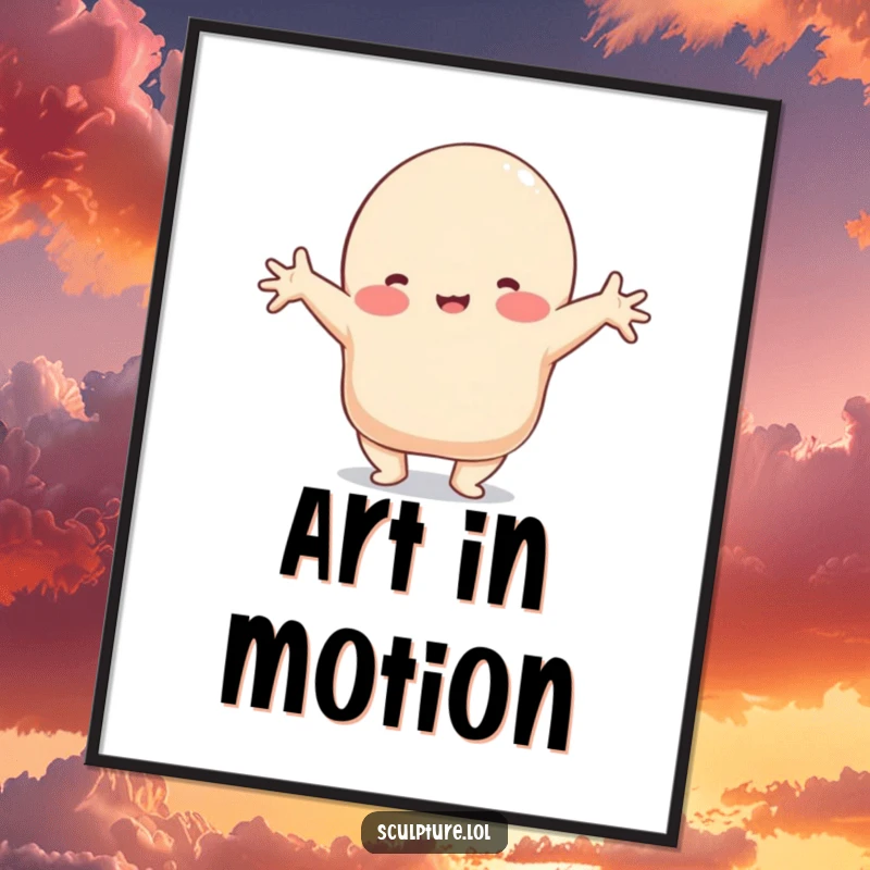 Funny poster of a playful clay blob character contorted into a silly, stretched shape, radiating elastic fun.