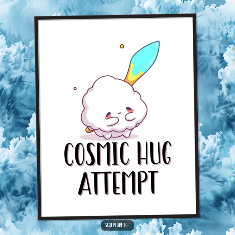Funny poster art of a fluffy cloud character trying to hug a meteor, adding celestial and humorous decoration.