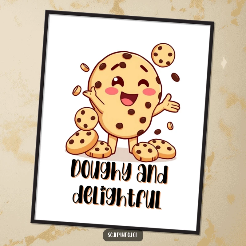 Funny poster of a delighted chocolate chip cookie character juggling multiple small cookies, creating a charming and humorous visual.
