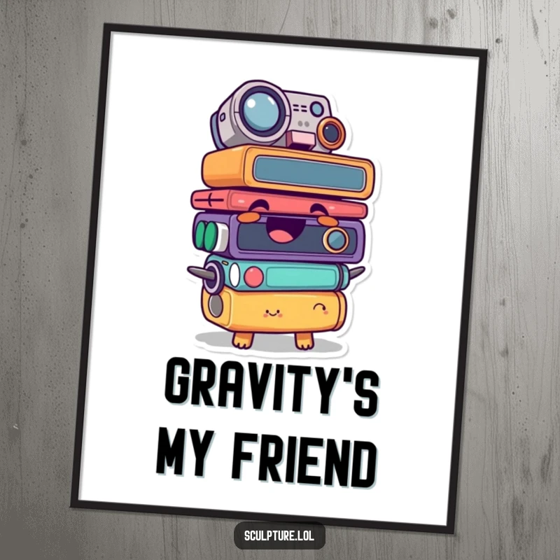 Funny poster showcasing a giggling found object character stacked comically, creating a whimsical and humorous visual.