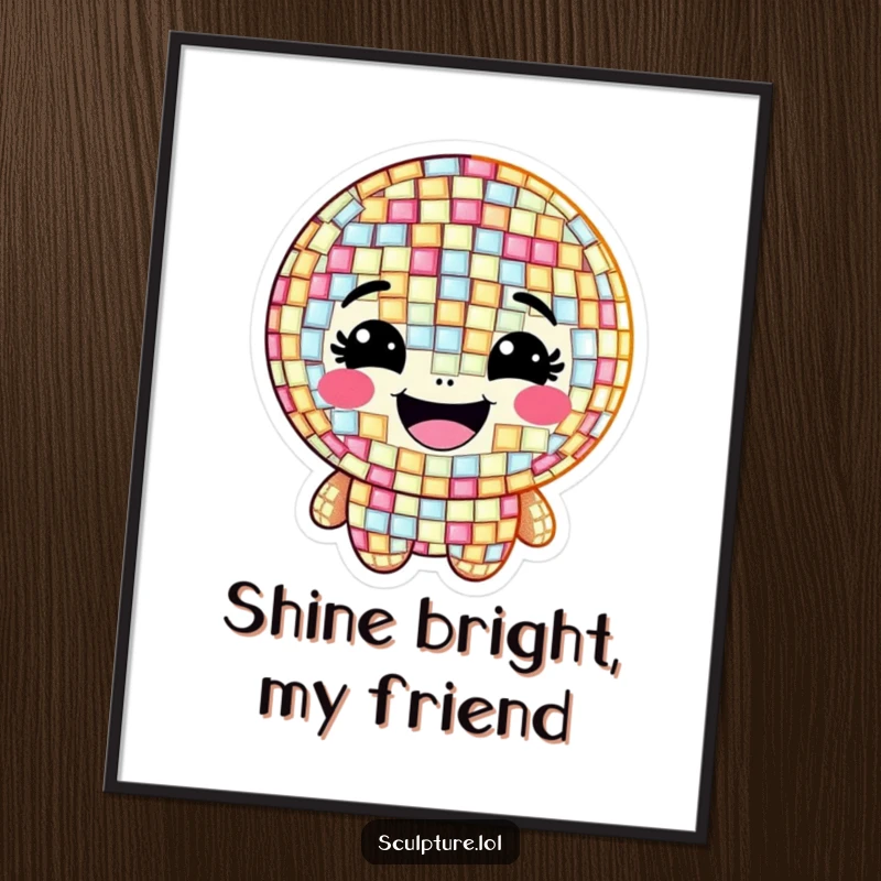 Funny poster of a grinning mosaic character composed of shimmering, happy tiles, adding artistic charm to walls.