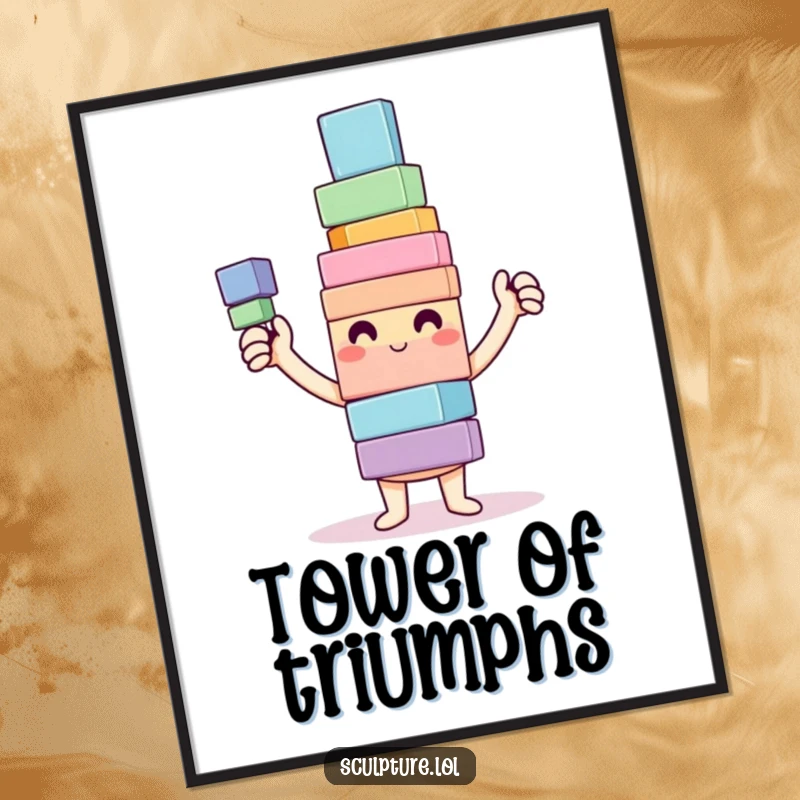 Funny Poster art of a happy character beaming with pride over a colorful, wobbly tower of building blocks, symbolizing joy.