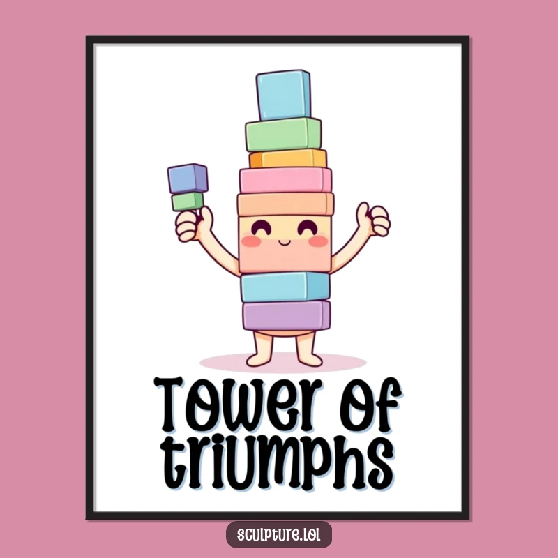 Funny Happy Builder Poster: Wobbly Tower Art, Cheerful Funny Gift