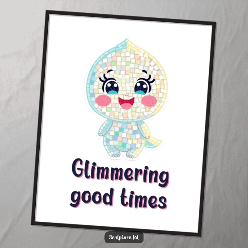 Funny poster illustrating a joyful mosaic character made of countless tiny shimmering pieces, creating a bright, artistic piece.