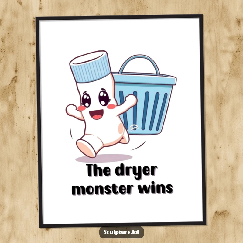 Funny poster depicting a comical sock on a frantic escape from an amused laundry basket, adding humor to wall decor.