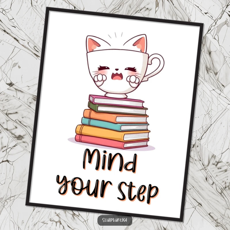 Funny poster art of a startled teacup with tiny paws, balancing on books, adding whimsical and humorous decoration.