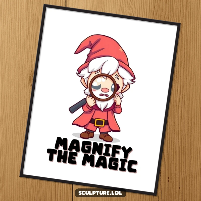 Funny tiny wizard poster, curious character looking through magnifying glass, magical exploration wall art, enchanting decor, perfect funny gift.