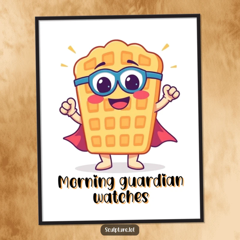 Funny waffle poster featuring a smiling waffle in a superhero costume striking a bold, heroic stance, ready to inspire.