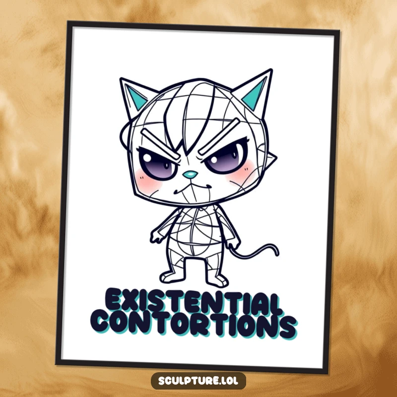 Funny wireframe art poster displaying a mischievous character in a strange, distorted pose, perfect for modern decor.