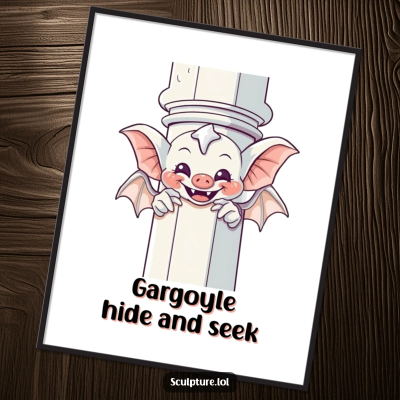 Funny Gargoyle Poster: A giggling gargoyle humorously hides and peeks from behind a column, creating a playful scene.