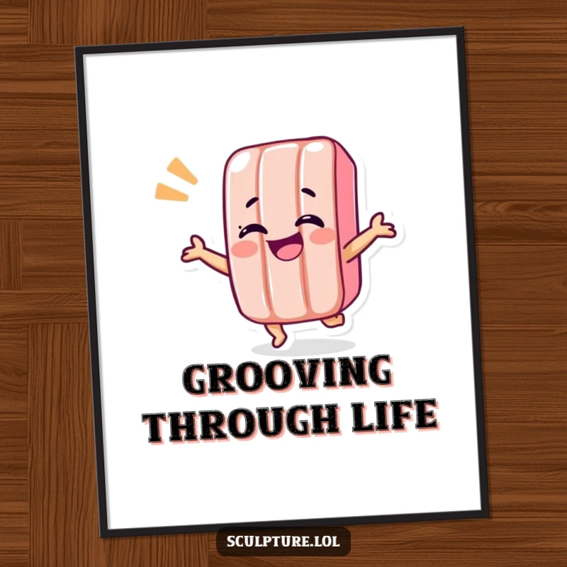 Funny candy bar poster showcasing a giggling candy bar character in a mid-shimmy pose, radiating sweet delight.