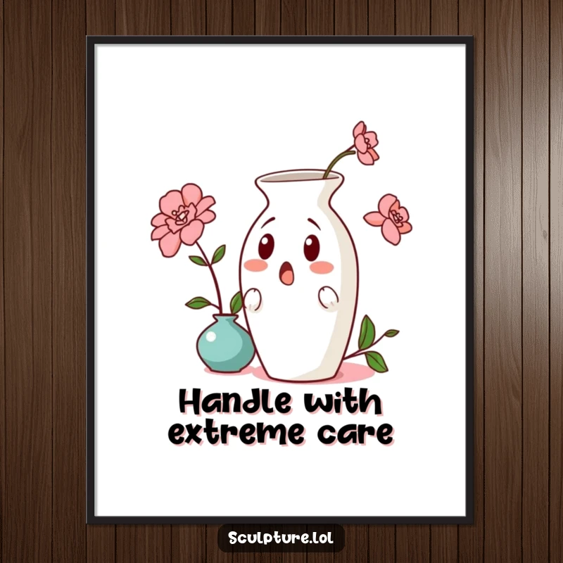 Funny surprised ceramic vase poster, depicting a comical leaning vase, adding humorous artistic flair to any wall decor.