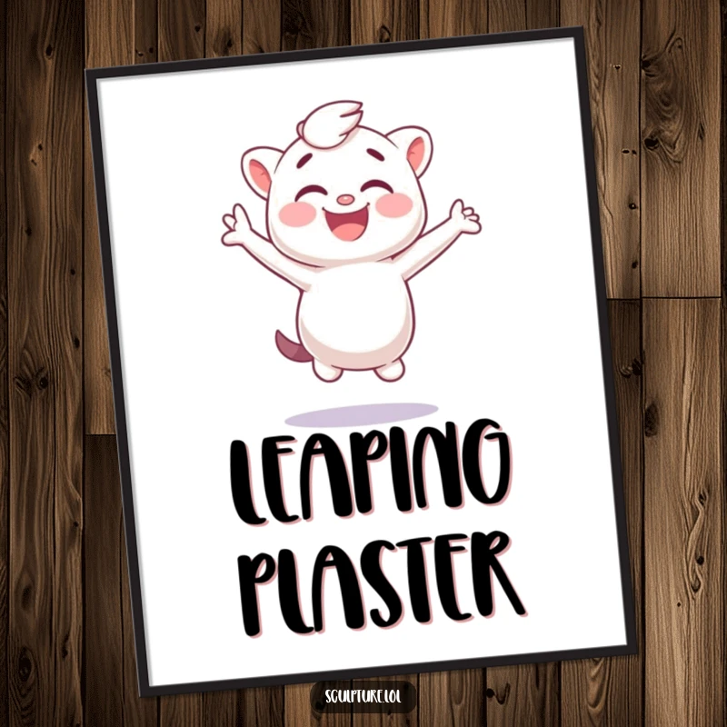 Funny plaster cast poster of a giggling character jumping sideways, perfect for whimsical and humorous decor.