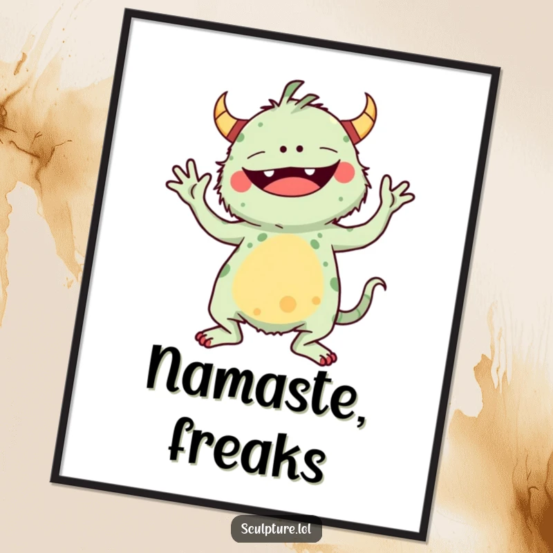 Funny poster of a whimsical monster attempting an awkward and comical yoga pose, radiating playful energy.