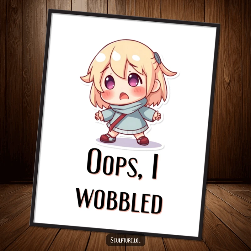 Funny poster depicting a surprised resin character hilariously losing its balance, bringing a comical touch to any room.