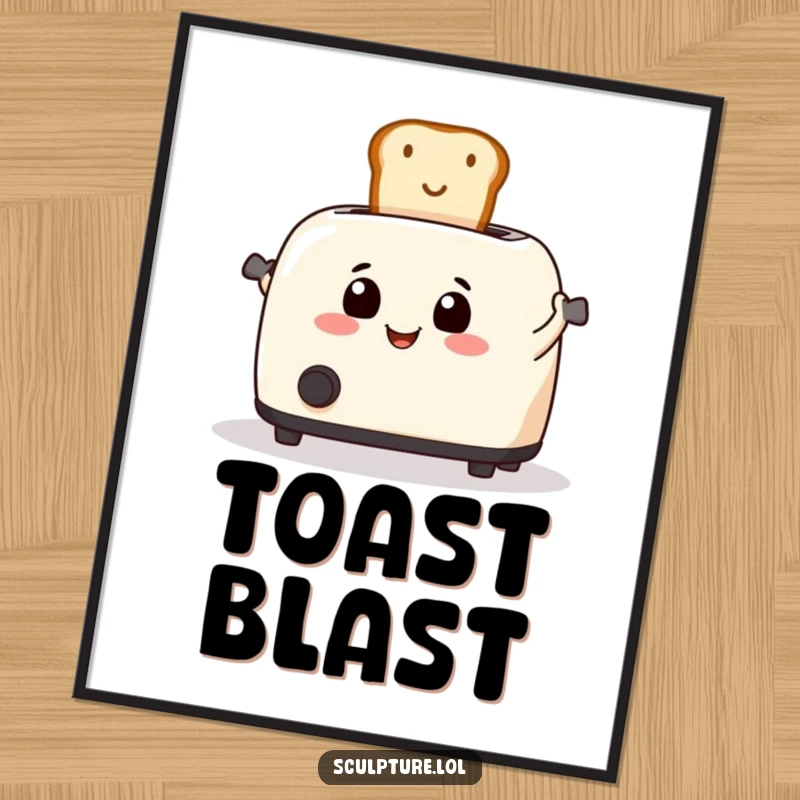 Funny toaster enthusiastically launching toast into the air on a vibrant poster.
