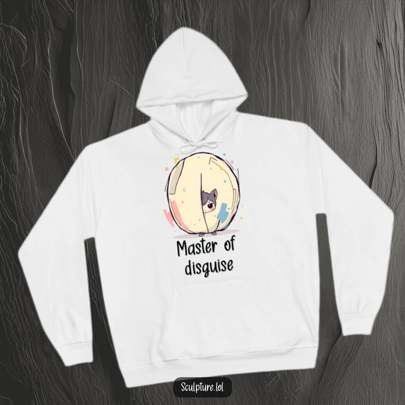 Funny hoodie showcasing a mischievous character peeking from behind a giant abstract art installation, embodying hidden artistic expression and humor.