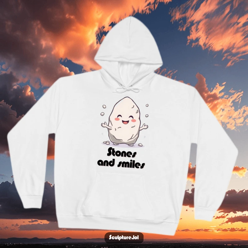 Funny hoodie with a smiling rock juggling pebbles, offering cozy comfort and a cheerful design.