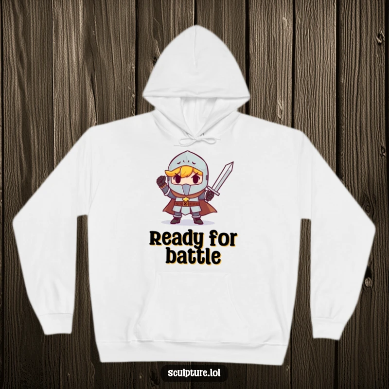 Funny determined small knight holding a tiny sword aloft victoriously. A warm and humorous hoodie.