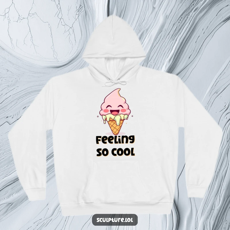 Funny hoodie featuring a joyfully melting ice cream cone character, a perfect cozy treat for dessert enthusiasts.