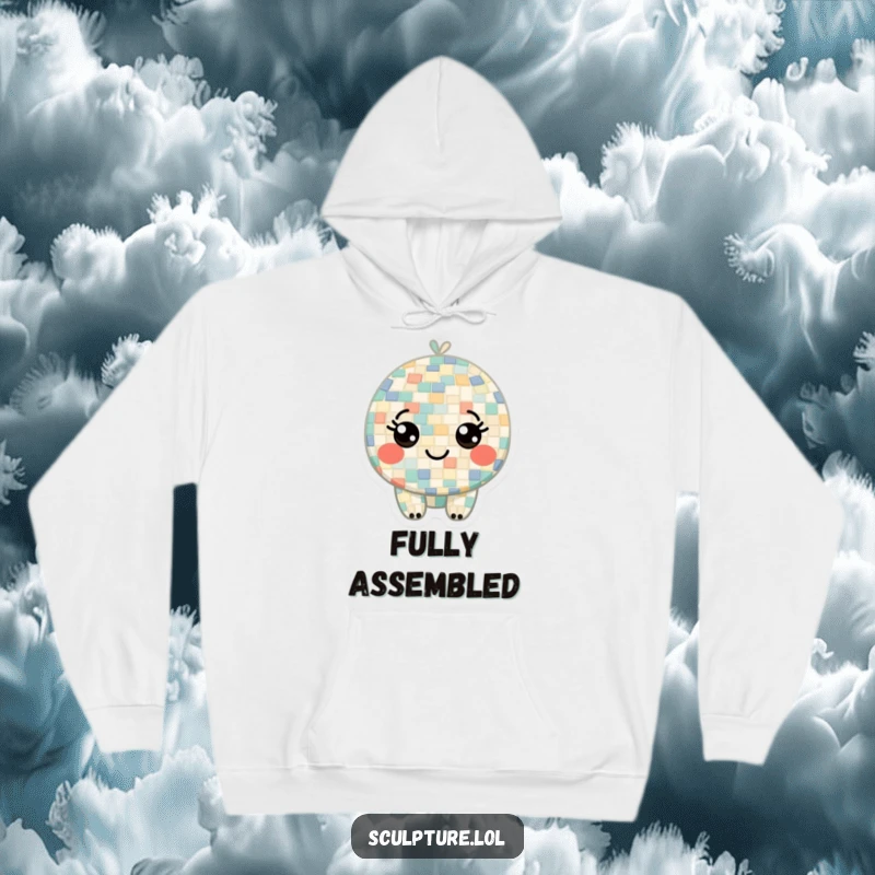 Funny hoodie featuring a curious mosaic character constructed from tiny tiles, its little smiling eyes conveying a sense of whimsical fascination.