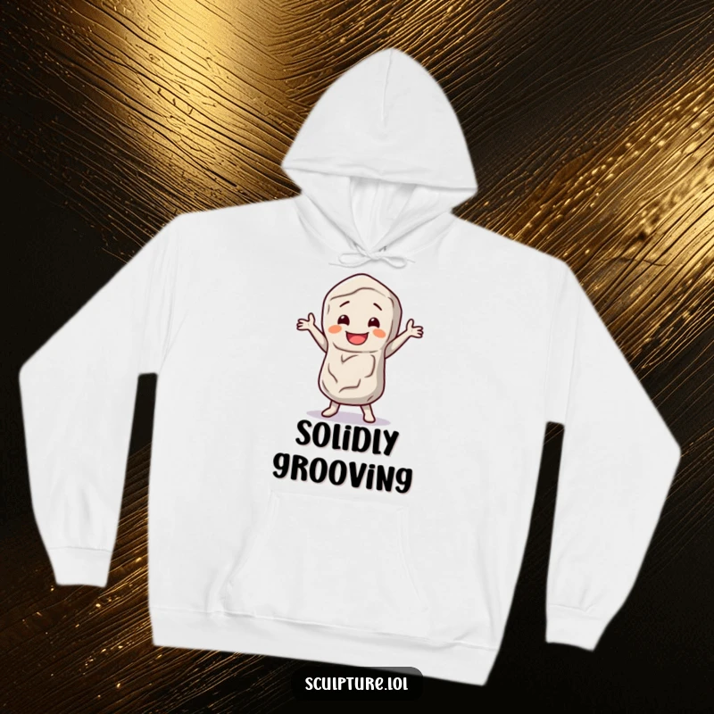 Funny stone figure hoodie featuring a happy character doing a little dance jig, perfect for staying warm and stylish.