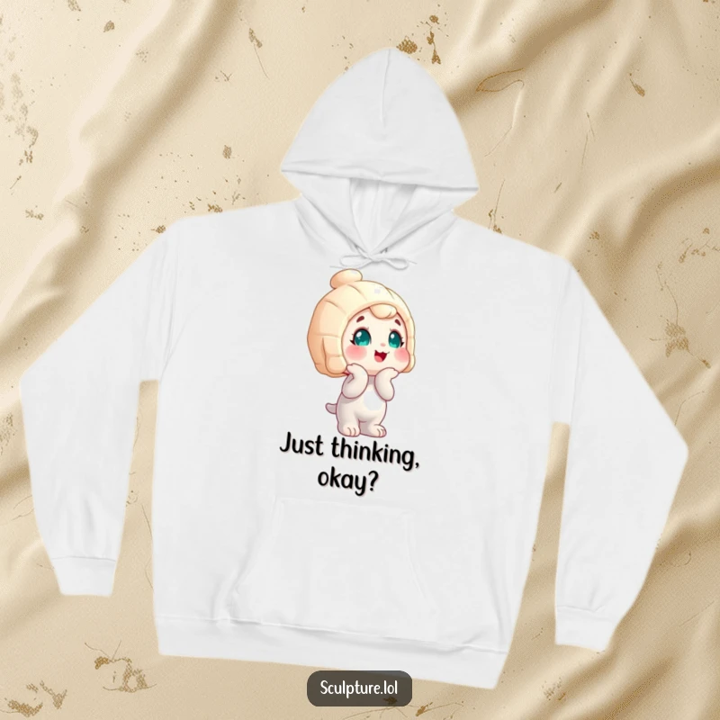 Funny wobbly statue character hoodie, tilting head curiously, offering warmth and humorous style, a great funny gift.