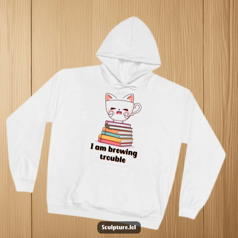 Funny hoodie illustration of a startled teacup with tiny paws, balancing on books, offering cozy comfort and humorous charm.
