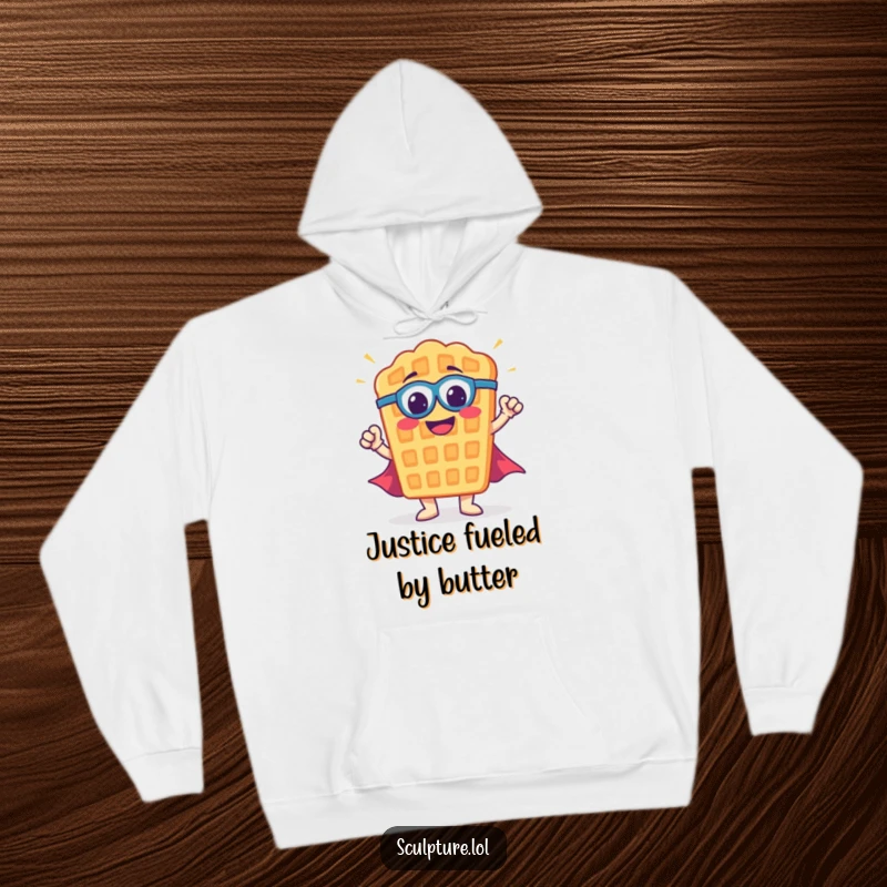 Funny waffle hoodie featuring a smiling superhero waffle in a dynamic pose, ready for adventure and cozy relaxation.