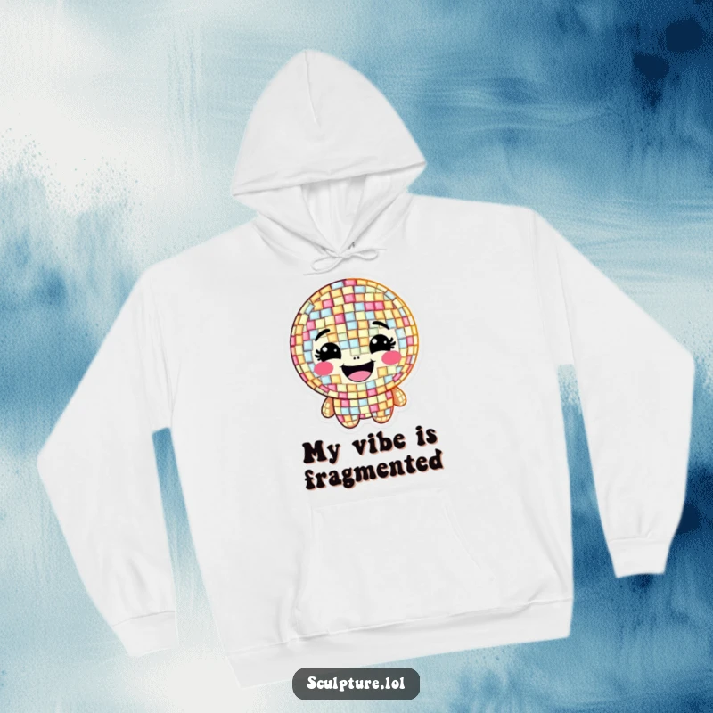 Funny hoodie featuring a grinning mosaic character with shimmering, happy tiles, perfect for art enthusiasts.