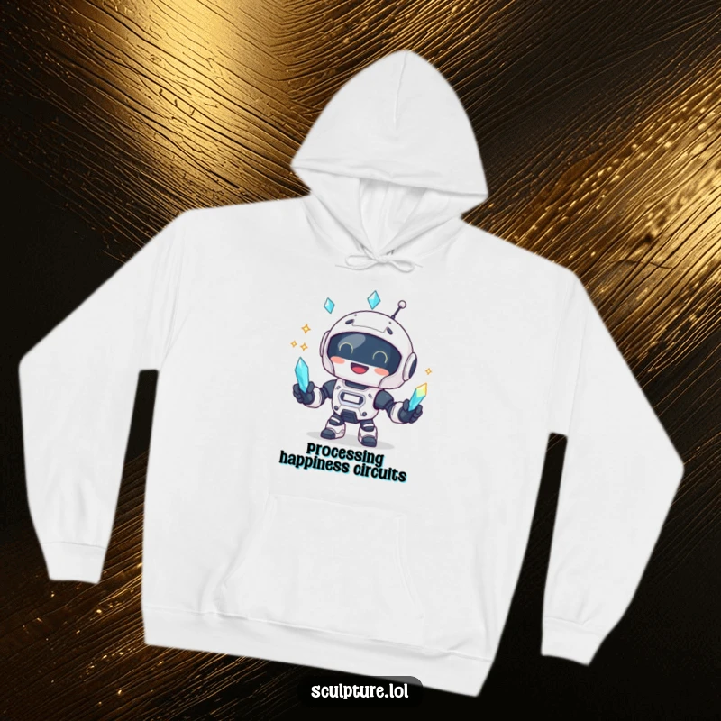 Funny robot juggling glowing crystals, featured on a soft hoodie, ideal for casual wear.