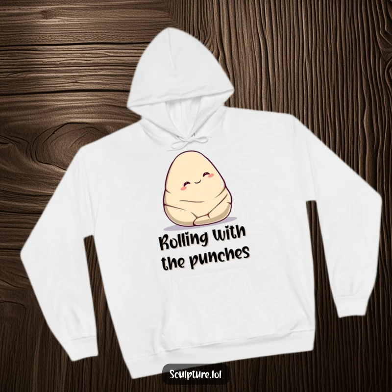 Funny smooth stone hoodie featuring a cute character gently rolling downhill with a contented smile, offering cozy comfort and humorous ease.
