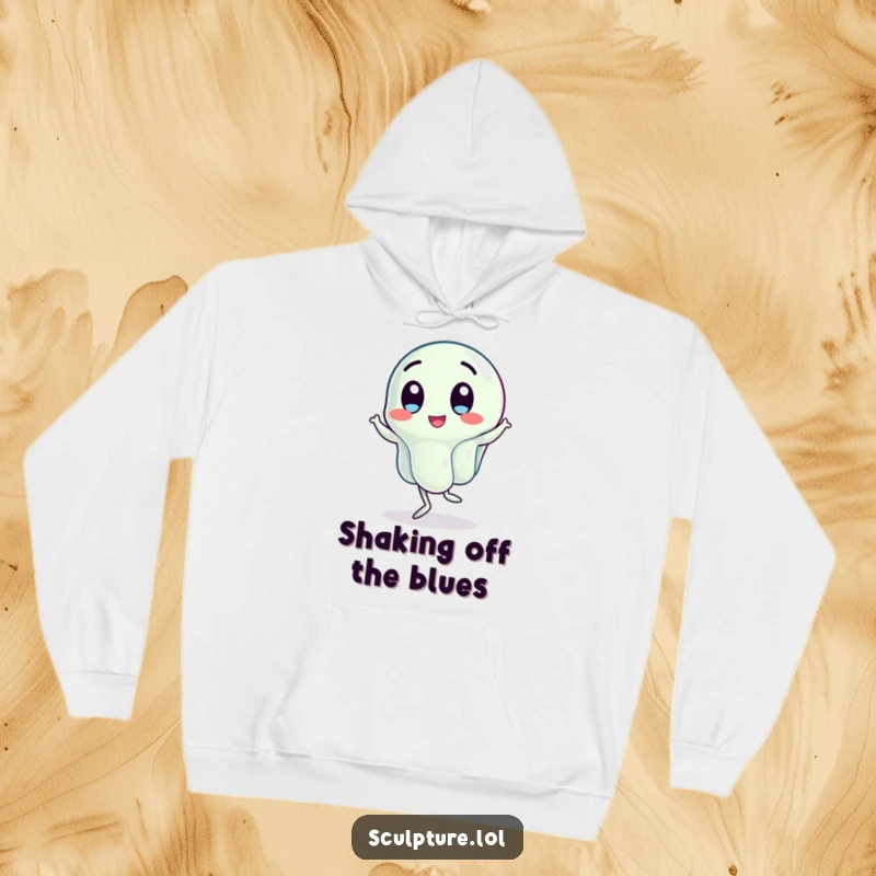 Funny hoodie designed with a wobbling jelly character doing a jig, offering warmth and a dose of playful, jiggly humor.