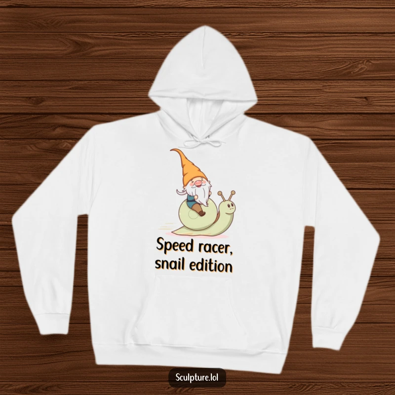 Funny gnome gleefully speeding on a snail, featured on a soft hoodie, ideal for cold weather.