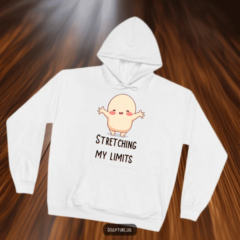 Funny hoodie with a playful clay blob character in a stretched, comical shape, offering cozy comfort.
