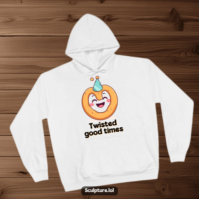 Funny hoodie featuring a grinning pretzel character with a comically small party hat, a cozy and humorous statement piece.