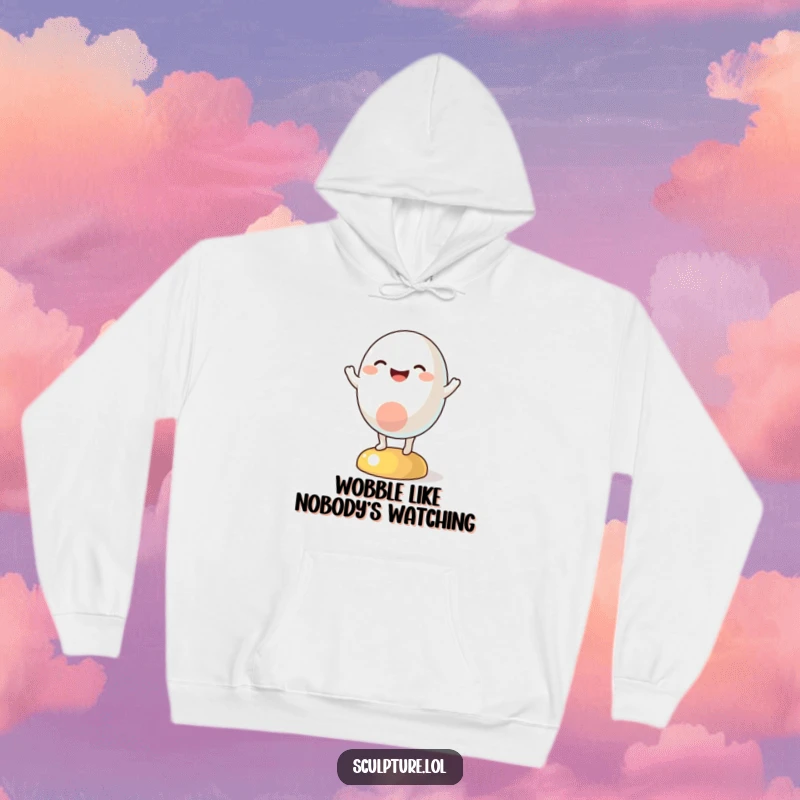 Funny hoodie with a cute abstract character in a perpetual state of joyful wobbling, radiating happiness and warmth.