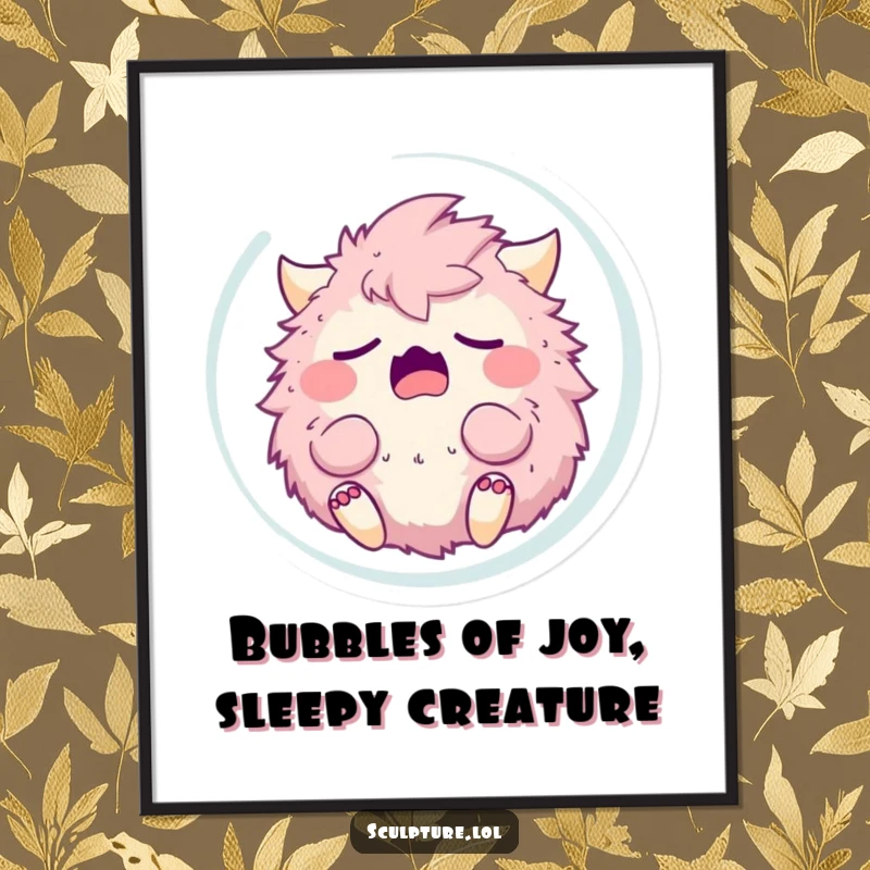 Funny free printable wall art of a fluffy monster yawning serenely inside a bubble, ideal for whimsical home decor.