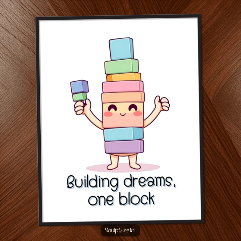 Funny free printable wall art showing a happy character proudly displaying a wobbly, colorful tower constructed from blocks.