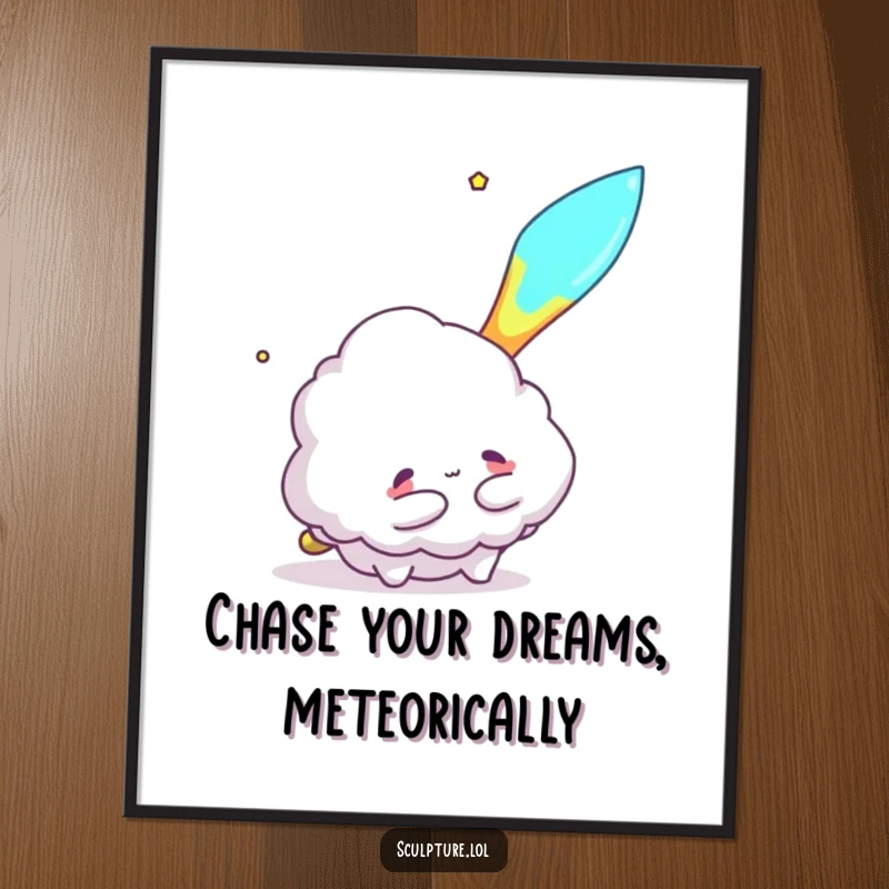 Funny Free Printable Wall Art: A fluffy cloud character desperately trying to hug a flying meteor, adding charm.