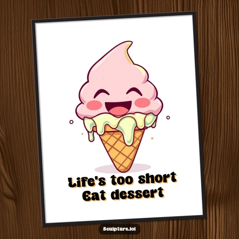 Funny Free Printable Wall Art: A melting ice cream cone character laughing with glee, a whimsical dessert illustration.
