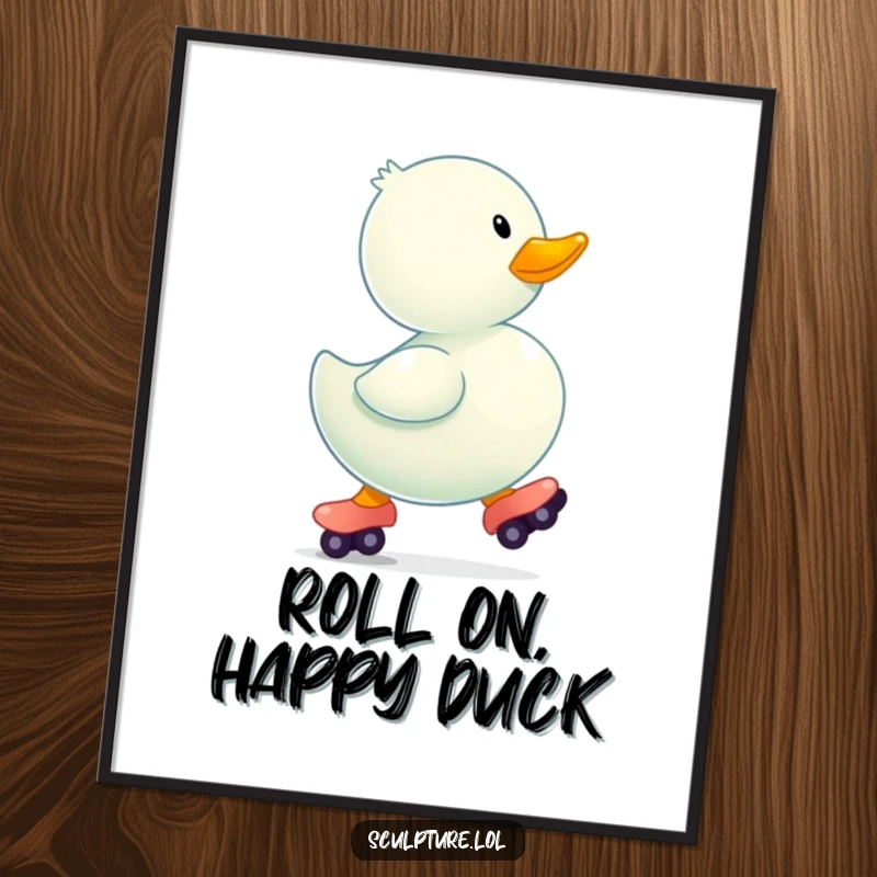 Funny free printable wall art of a rubber ducky in tiny roller skates, bouncing along with a cheerful expression.