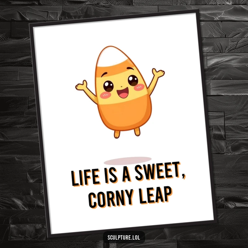 Funny Free Printable Wall Art: A happy candy corn character is captured in mid-air performing a silly, enthusiastic leap.