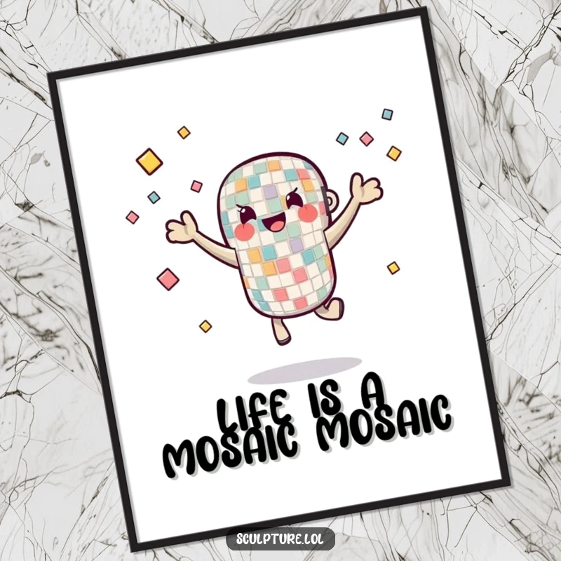 Funny Free Printable Wall Art: A vibrant mosaic tile character expertly juggles small pieces, creating a lively and artistic focal point.