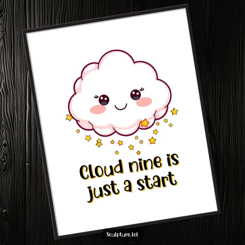 Funny Free Printable Wall Art: A cheerful sculpted cloud character happily raining tiny, sparkling stars, creating a magical and serene ambiance.