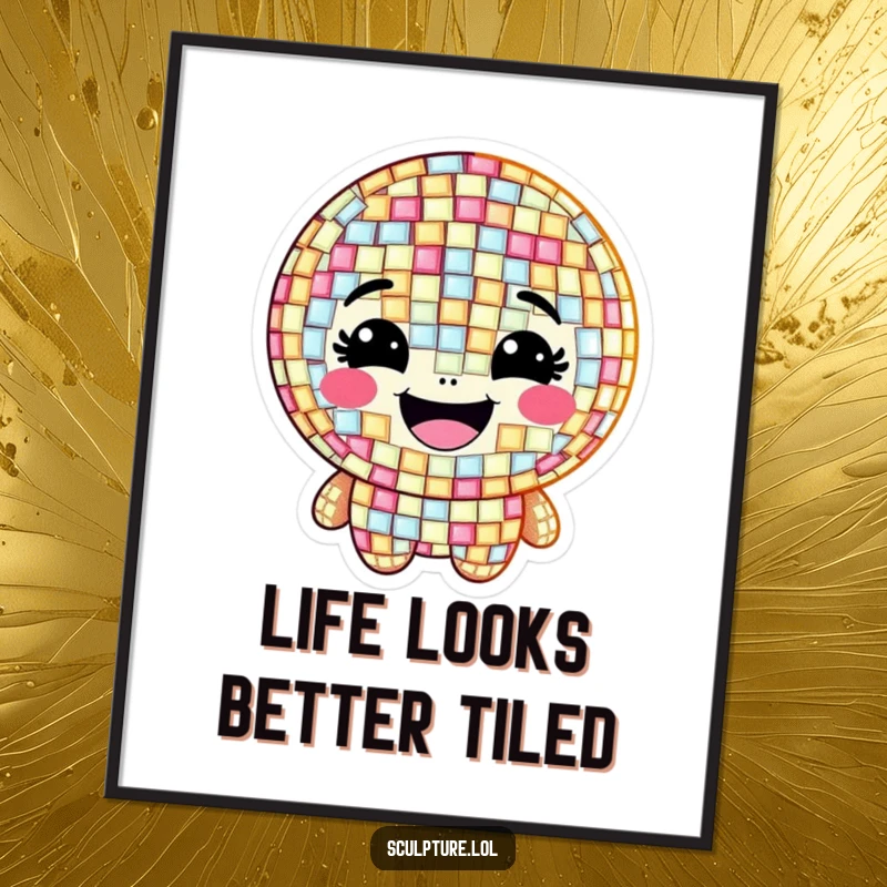 Funny Free Printable Wall Art: A grinning mosaic character with shimmering, happy tiles, adding a vibrant and artistic touch to any room.