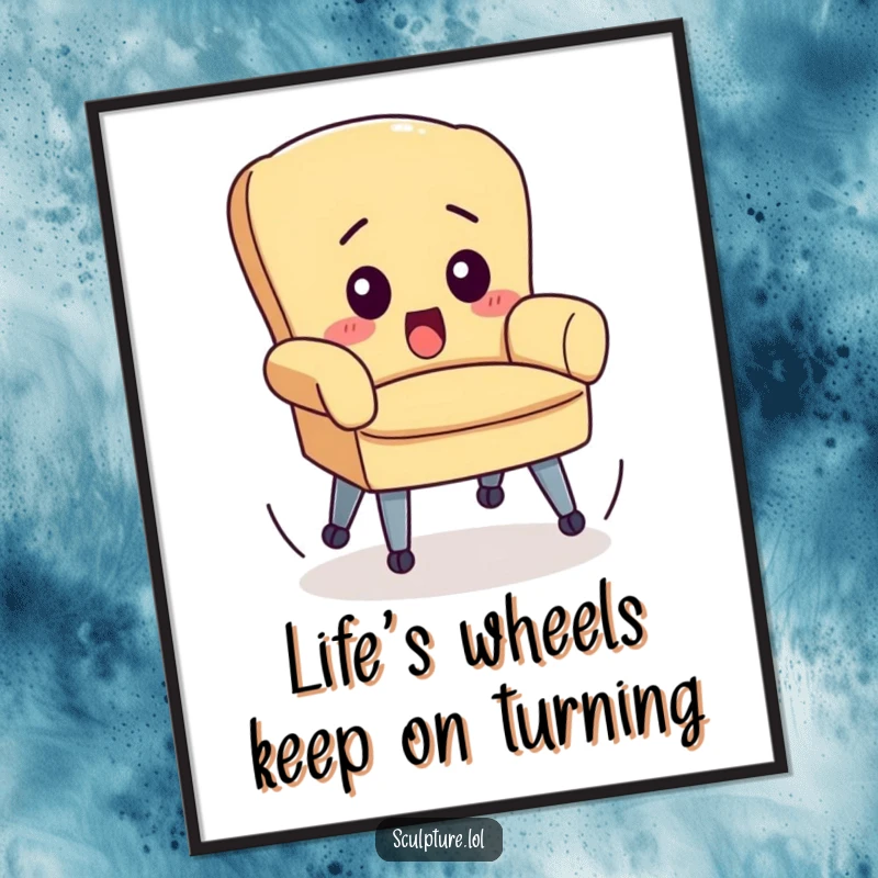 Funny Free Printable Wall Art: A small chair with wheels spinning wildly out of control, captured in a moment of delightful chaos.