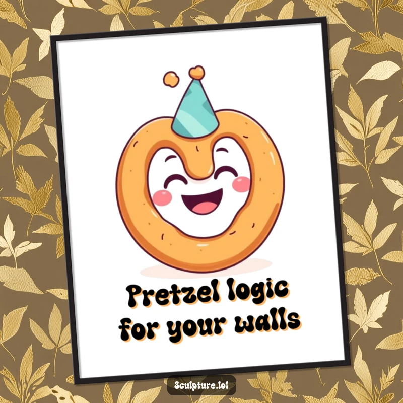 Funny Free Printable Wall Art: A grinning pretzel character in a tiny party hat, bringing humorous vibes to your decor.